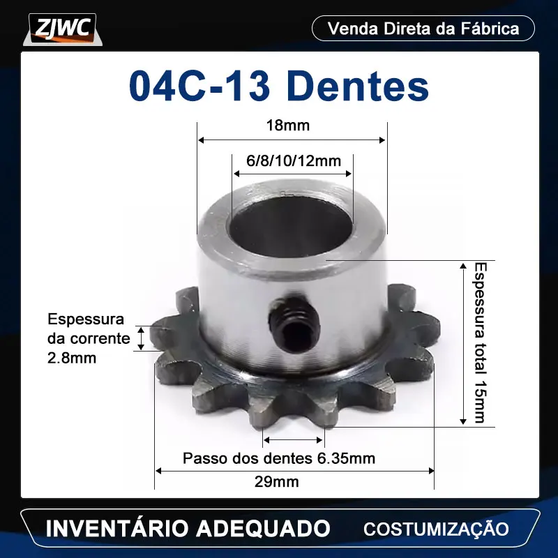 Roda Dentada 04C com 13 Dentes, Furo Interno de 6/8/10/12mm, 25H 45 #   Roda Dentada de Aço 04C com Furo Acabado e Furo para Parafuso M5
