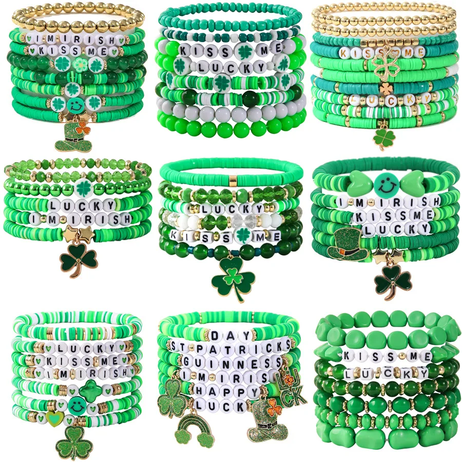 St Patricks Day Beaded Stretchy Bracelets - Irish Heishi Beaded Stack Clover Charm Bracelets/Gold/Green St Paddys Day Lucky