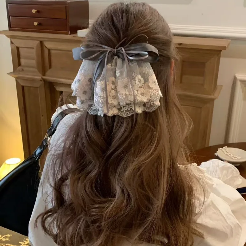 Brown Lace Bow Ribbon Hair Clip for Women Jacquard Floral Back of Head Half-Up Hair Claw Elegant Gentle French Hair Accessory