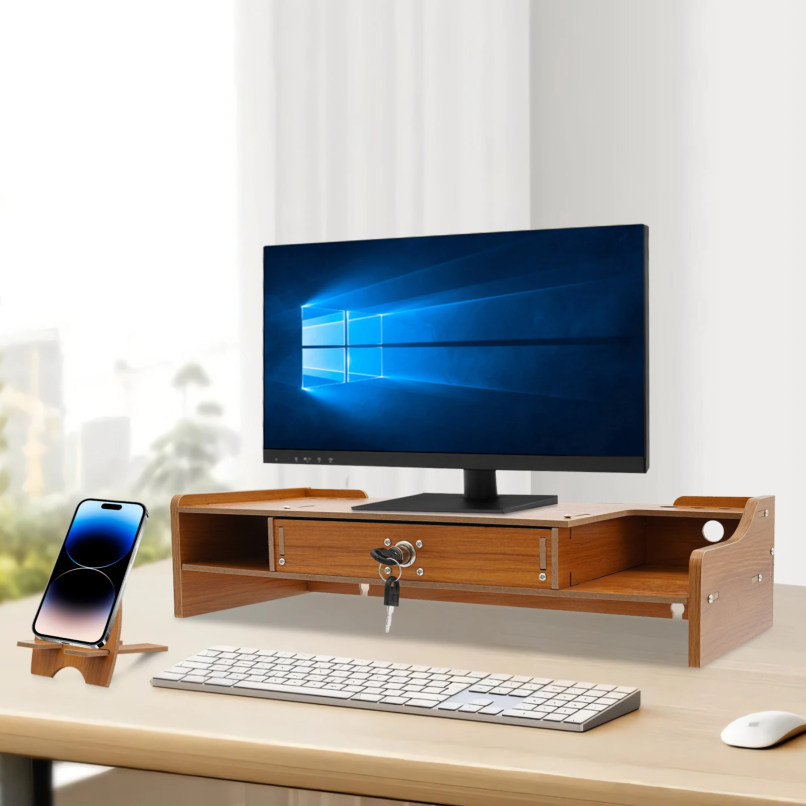 

Деревянная подставка для монитора компьютера, настольная стойка для компьютера с держателем для сотового телефона, запираемая Drawe