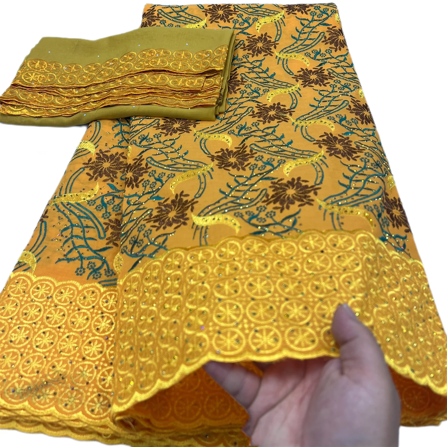 New Swiss Voile Lace Fabrics Embroidered Voile African Lace Fabric 100% Cotton Voile With Rhinestones 5+2 Yards, 2025 Wedding WF