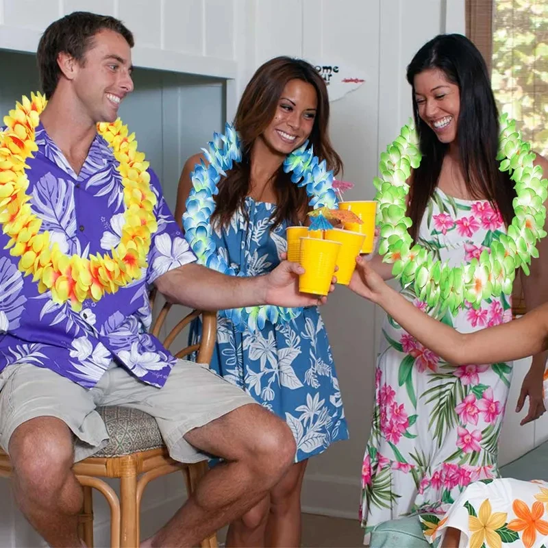 10Pcs Tropic Hawaiian Artificial Flower Necklace Aloha Luau Hawaii Theme Party Garland Summer Beach Wedding Birthday Party Decor