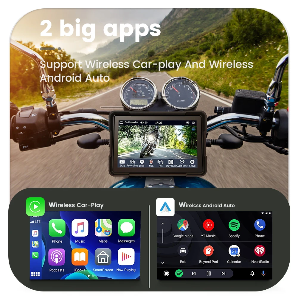 5inch Portable Motorcycle GPS Navigation Wireless CarPlay Android Auto Player IPX7 Waterproof Dual BT Front Rear Camera Recorder