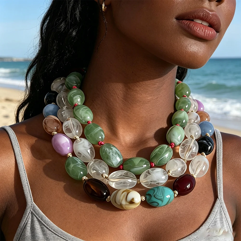 

2026 New Colorful Oval Resin Beaded Choker Necklaces for Women Boho Jewelry Summer Beach Party Neck Accessories