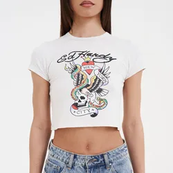 Y2k women's round neck short sleeved t-shirt with hip-hop graffiti pattern print, slim fit and sexy  vintage clothes streetwear