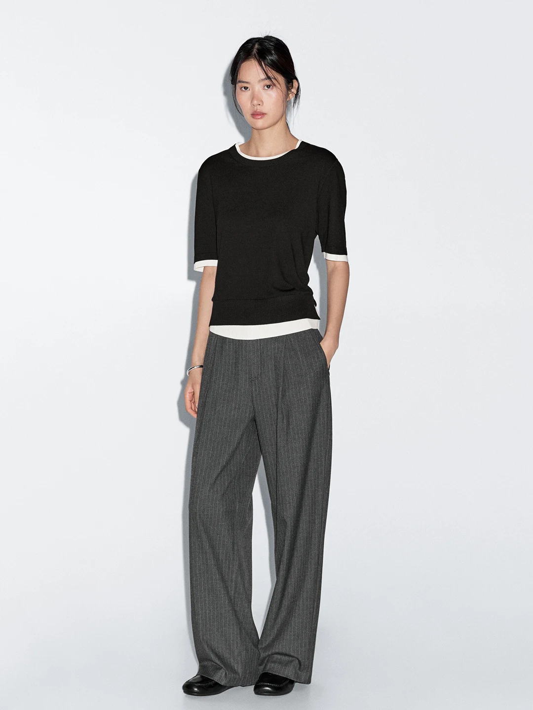 MD feminino malha ort Sve camiseta redonda Ne Splice Color leve commute Sle Top para a temporada de outono