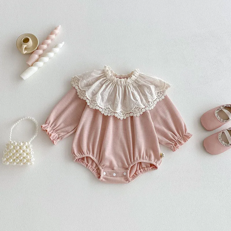 

MILANCEL Autumn Toddler Bodysuit 6M-3T Thin Cute Solid Color Baby Jumpsuit + Lace Collar Korean Version Loose Infant Clothes
