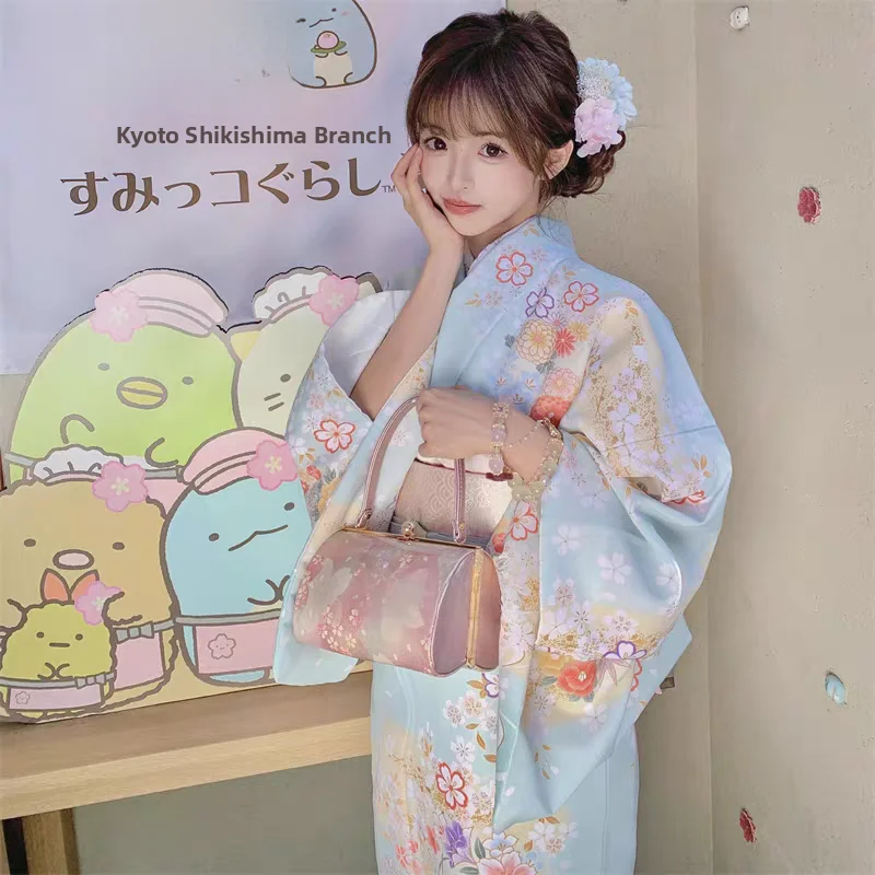 

Light Blue Sakura Season Sweet Photoaphy Studio Kimono Han Cherry Blossom Spring Women's Traditional Costume Yuugata