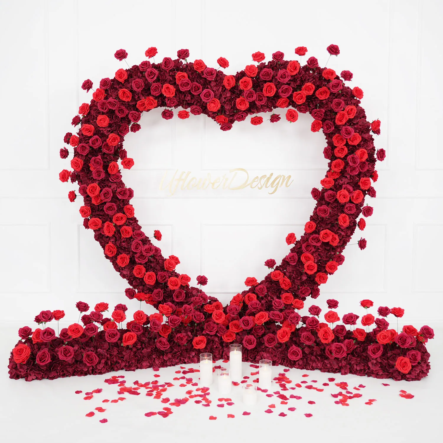 Uflower Luxury Red Heart Shaped Flower Wall Flower Row Flower Stand Flower Arrangement Wedding Background Arch Party Props