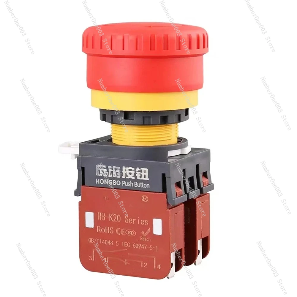 HB-K20 Waterproof IP65 22mm 20A Emergency Stop Mushroom Head Push Button Switch 2NO 2NC