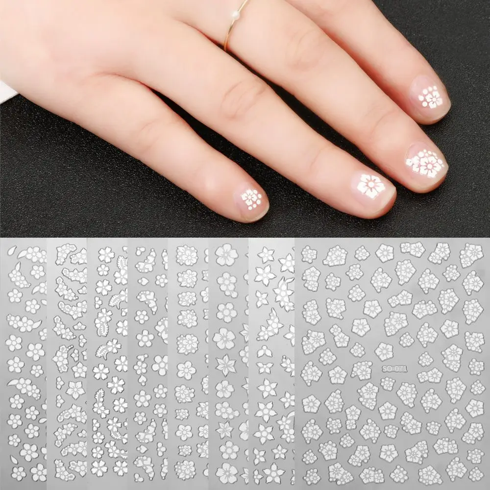 Adhesivo para manicura, pegatina para uñas DIY, diseño de flor de cinco pétalos blanco 3D