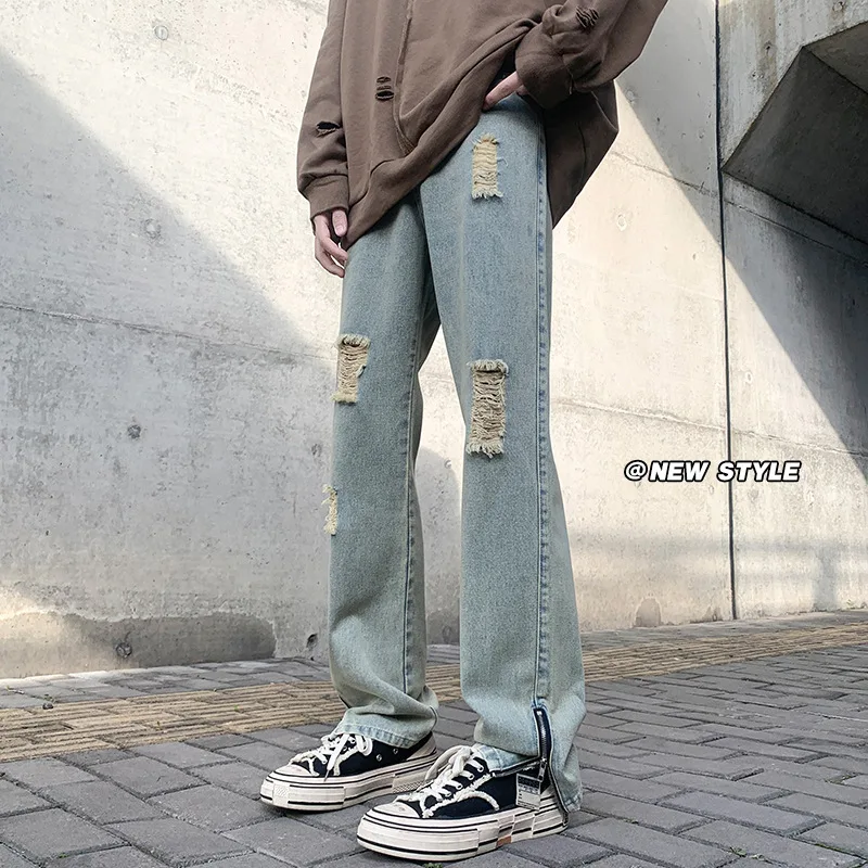 

Vibe Zipper Open Fork Design Washed Blue Hole Jeans Men Streetwear Slim Ripped Jeans Retro Casual Oversized Denim Trousers