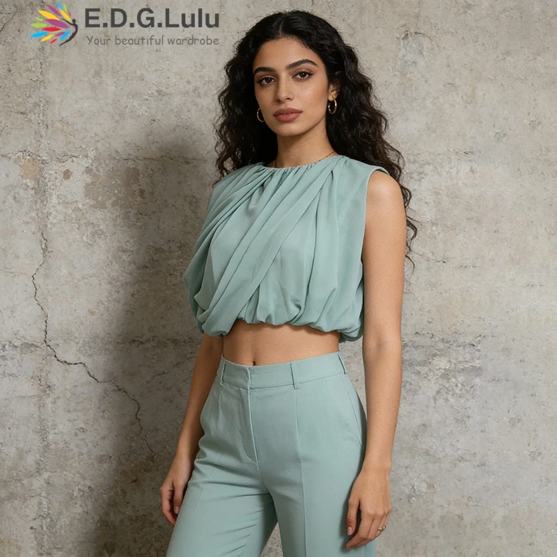 

EDGLuLu 2026 New Women Casual Short Top O Neck Solid Color Pleated Irregular Chiffon Blouse Fashion Daily Shirts 0424