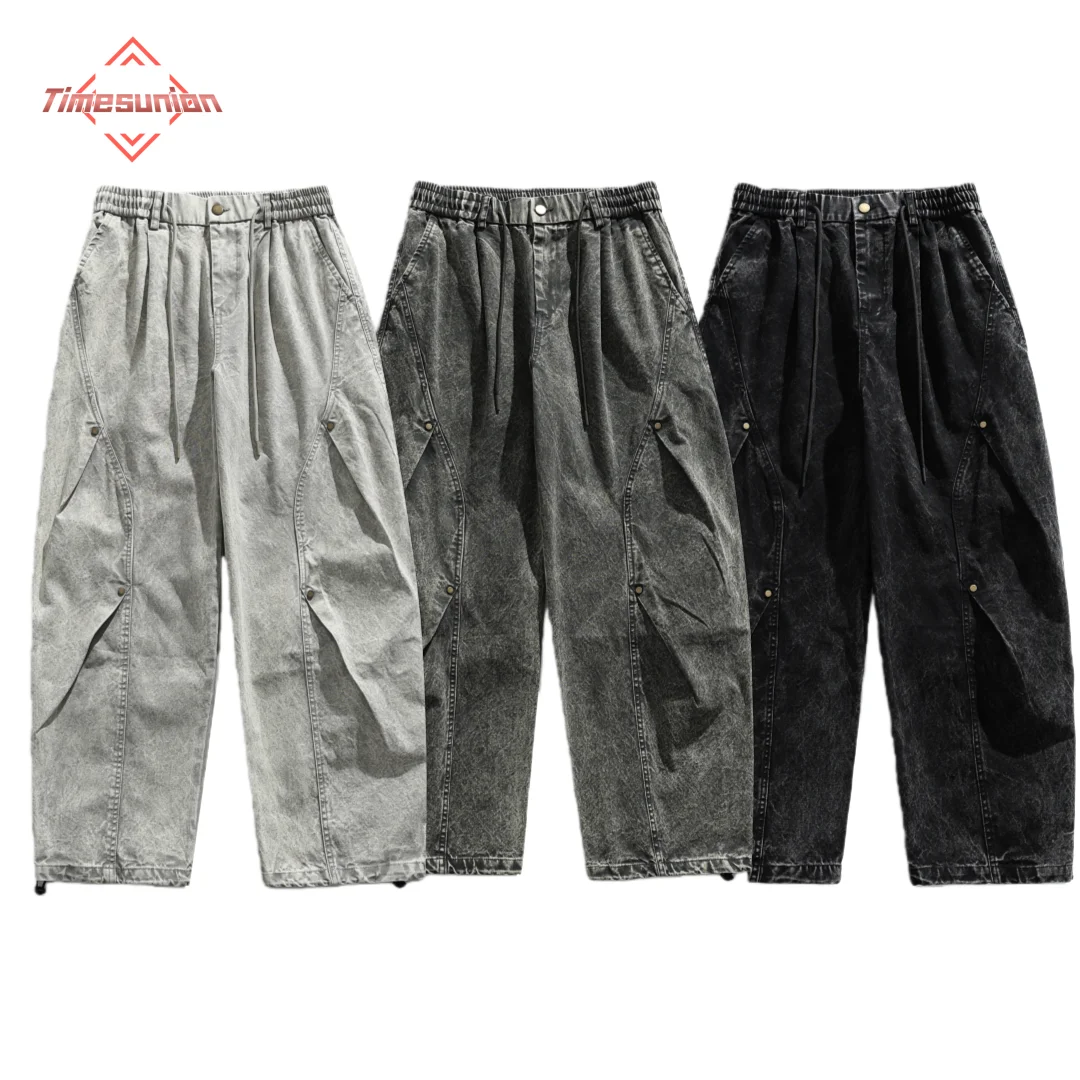 

Retro American Wax Dyeing Loose Work Pants Man Knife Blade Design Comfortable Straight Leg Cargo Pants Man Drawstring Trousers