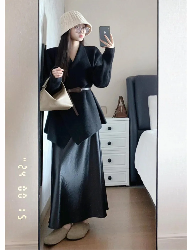 

Ele Hepburn Sle Satin f Skirt Set Women's Faion V-Ne Bla Outerwear High Waist Long Pants Spring Casual Wear