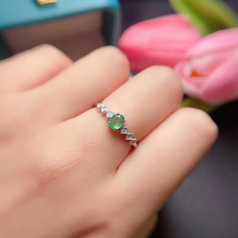 2025 hot Fine Jewelry 925 Sterling Silver 4x5mm  Natural Emerald Ring Lovely Girl's Ring Support Test Hot Selling