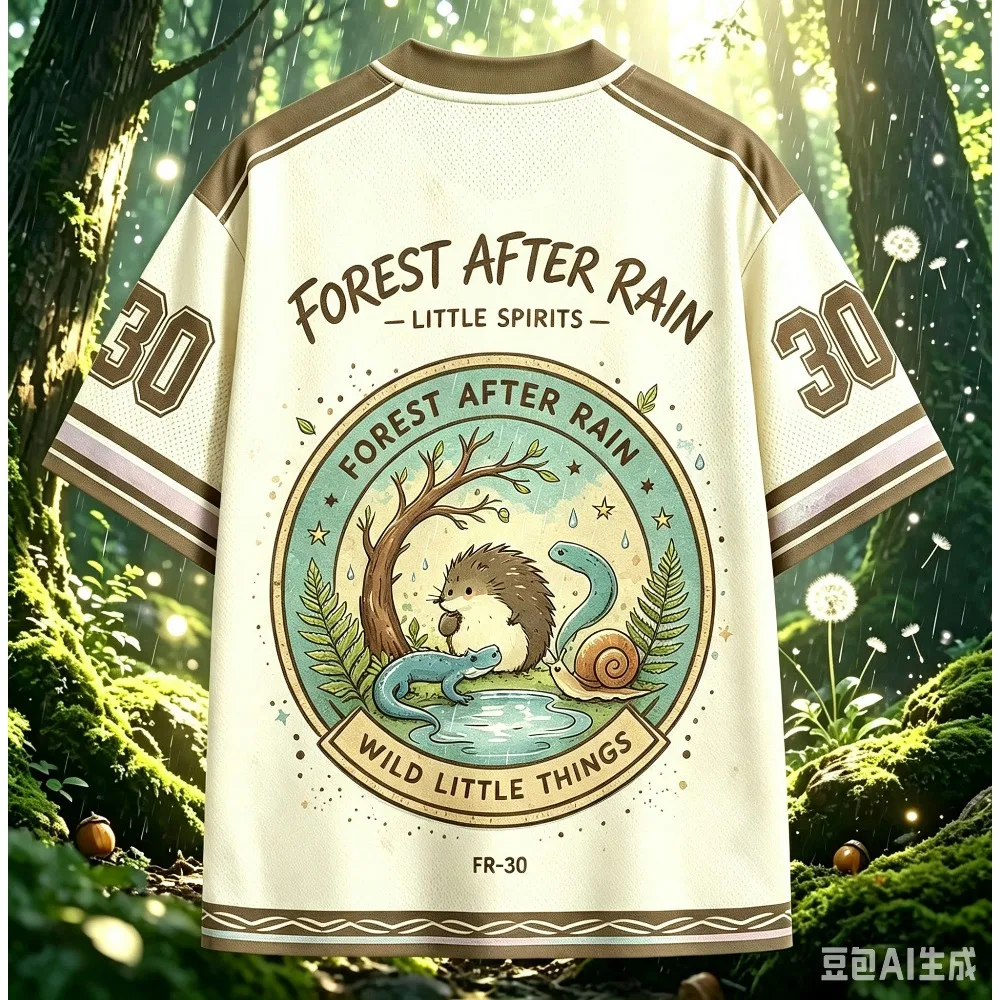 Retro Forest After Rain Animal Style Printed V‑Neck T-shirt Mesh Breathable Short Sleeve Casual Fashion Tee for Men Women & Kids
