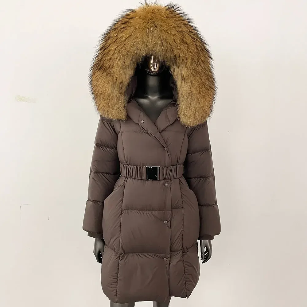 여성 후드 화이트 덕 다운 코트 롱 리얼 퍼 재킷 겨울 천연 폭스 퍼 칼라 재킷 2025 신상 오버사이즈 여성 아우터웨어