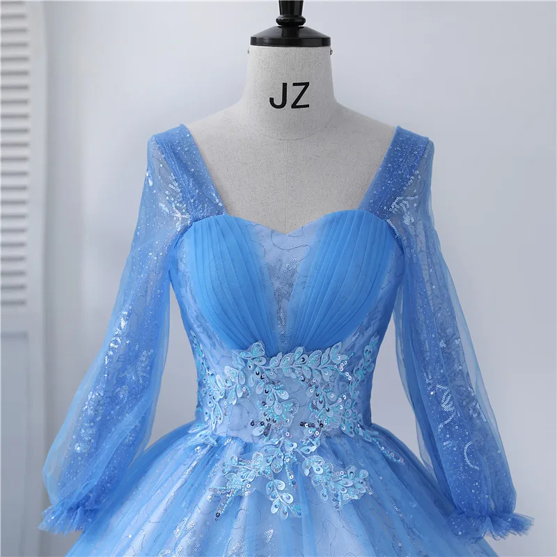 Quinceanera Dresses Vestidos 클래식 라이트 블루 스팽글 아플리케 볼 가운 우아한 긴 소매 파티 드레스 Robe De Bal