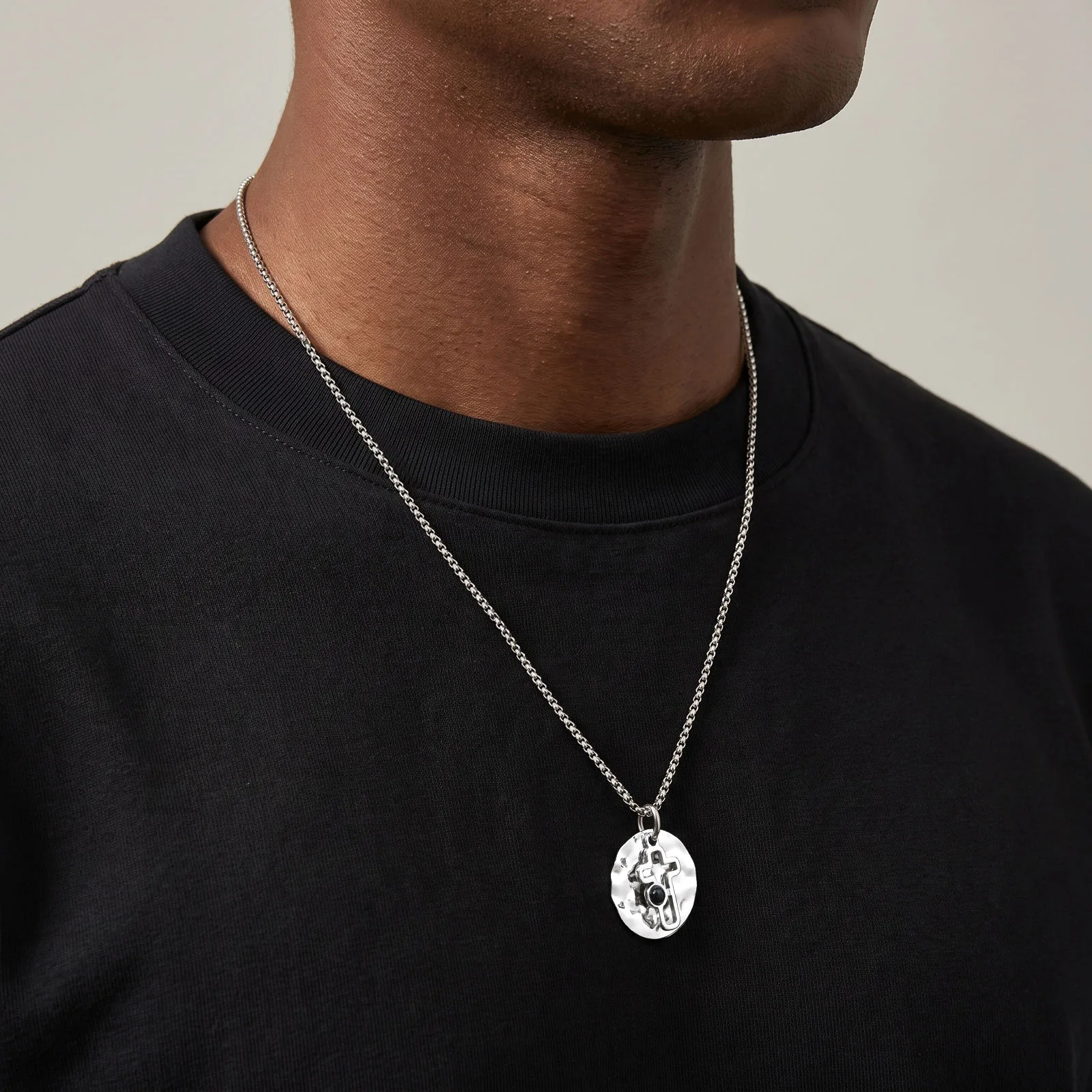 Vnox Men Stainless Steel Hammered Disc Necklace, Hollow Cross Pendant Natural Black Onyx, Box Chain Punk Religious Jewelry Gift