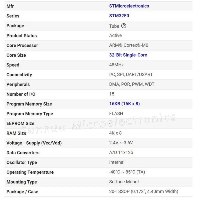 1 قطعة STM32F030F4P6 20TSSOP الذراع ®   كورتيكس ® -M0 STM32F0 متحكم IC 32 بت أحادي النواة 48 ميجا هرتز 16 كيلو بايت (16 كيلو × 8) فلاش 32 بت 16 كيلو بايت