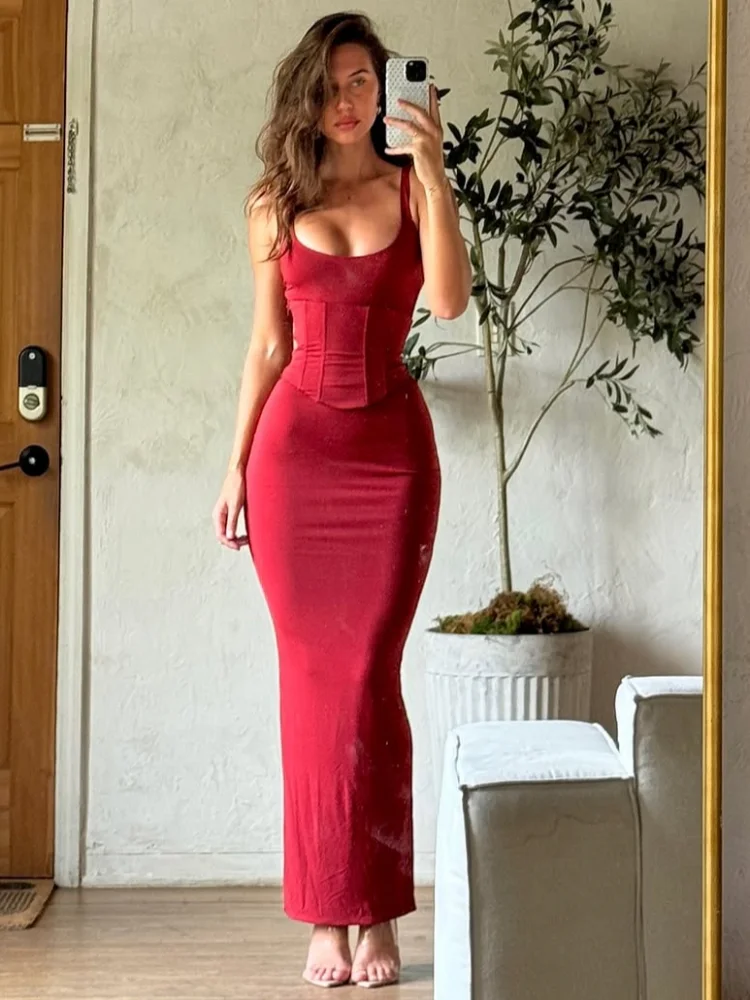 Damen Einfarbiges Fischgräten-Maxikleid Quadratischer Ausschnitt Ärmellos Tailliertes Bodycon-Kleid 2026 Sommer Damen Party Abendkleider