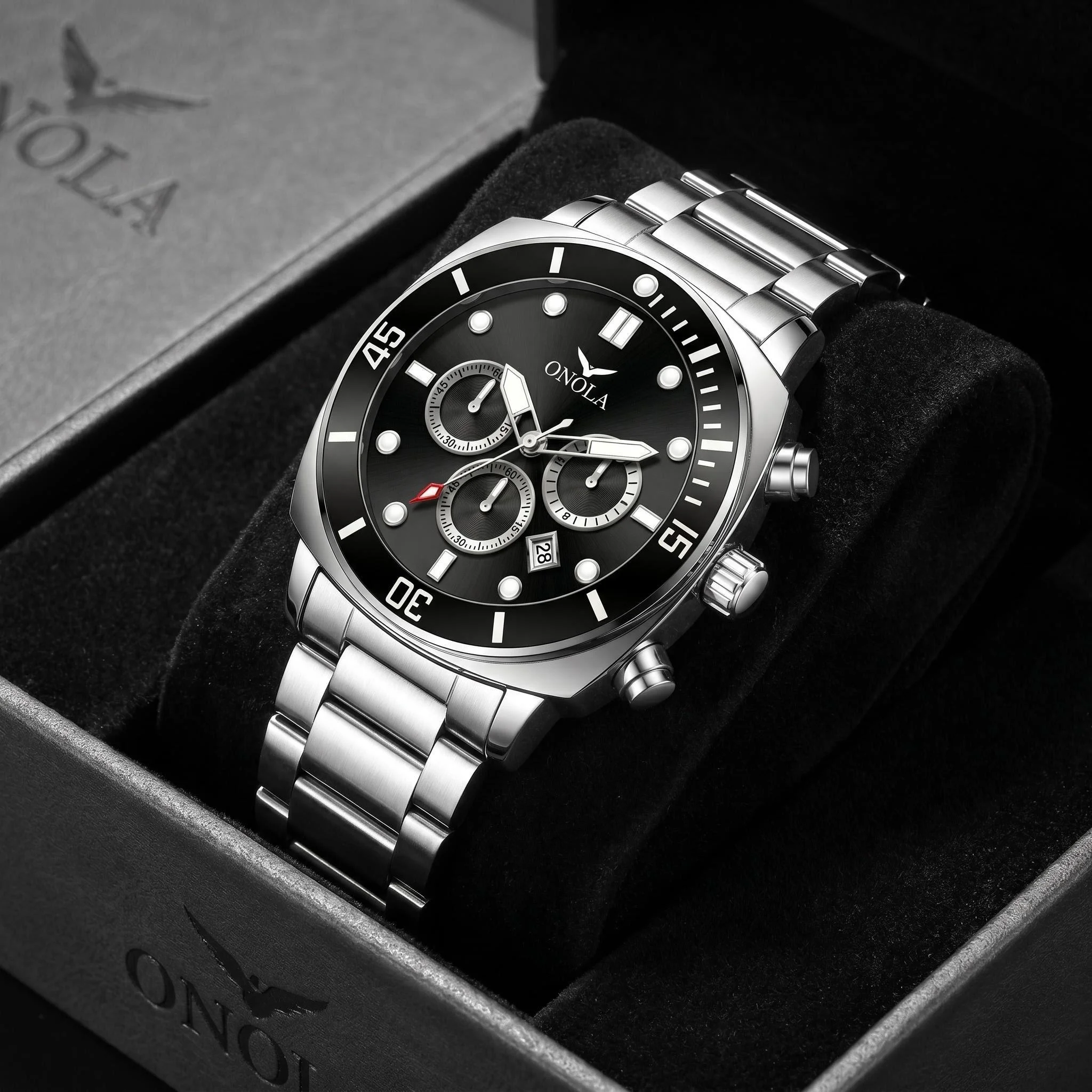 ONOLA Black Steel Timing Watch Men's Rose Gold Sports Quartz Watch with Date Waterproof Men's Watch