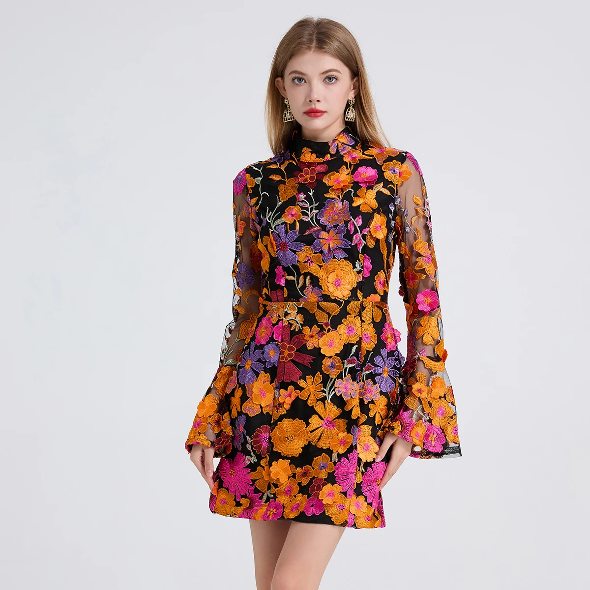 

Summer French Luxury 3D Flower Embroidery Lace Prom Dress Women's Stand Long Flare Sleeve Party Bodycon Holiday Mini Vestidos