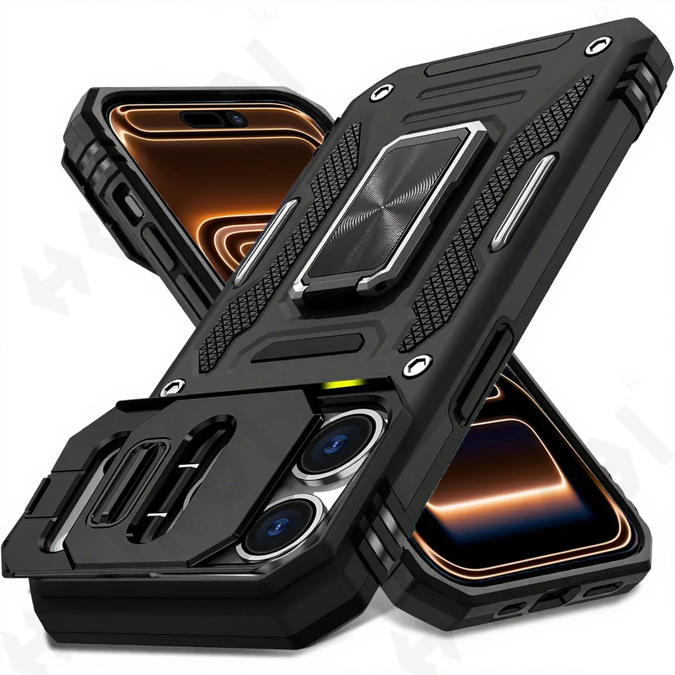 

Case For iPhone 17 16 15 14 13 12 11 Pro XS Max Plus XR 8 7 Plus SE 2025 Ring Stand Armor Anti-fall Slide Camera Kickstand Cover