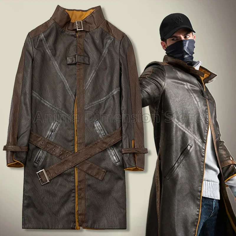 

CosplayAiden Pearce Faux Leather Trench Windbreaker Game Watch Dogs Cosplay Costumes Role Play Coat Sweater Hat For Man