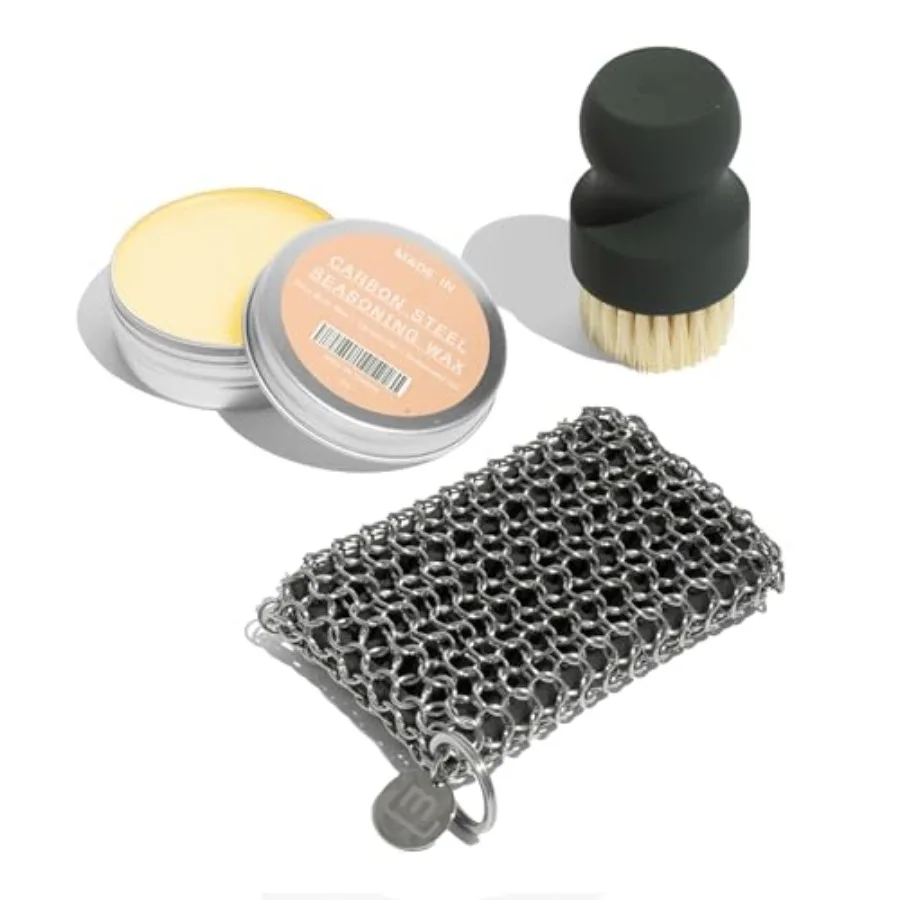 

Cookware 3-Piece Carbon Steel Cleaning Set Includes Chain Mail Scrubber, Cleaning Brush and Carbon Steel Seasoning Wax