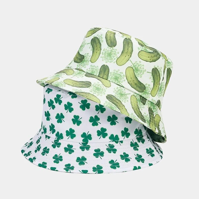 St. Patrick's Day Shamrock Print Bucket Hat, Green Clover Pattern Sun Cap for Men Women Outdoor