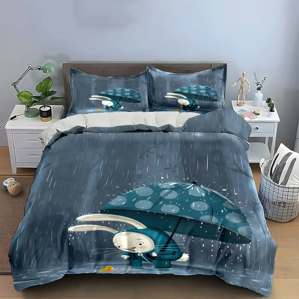 Rabbit Rainy Outdoor Decoration Set Soft Comfortable Duvet Cover Bedding Set Included 1*Duvet Cover & 2*Pillowcases, gift