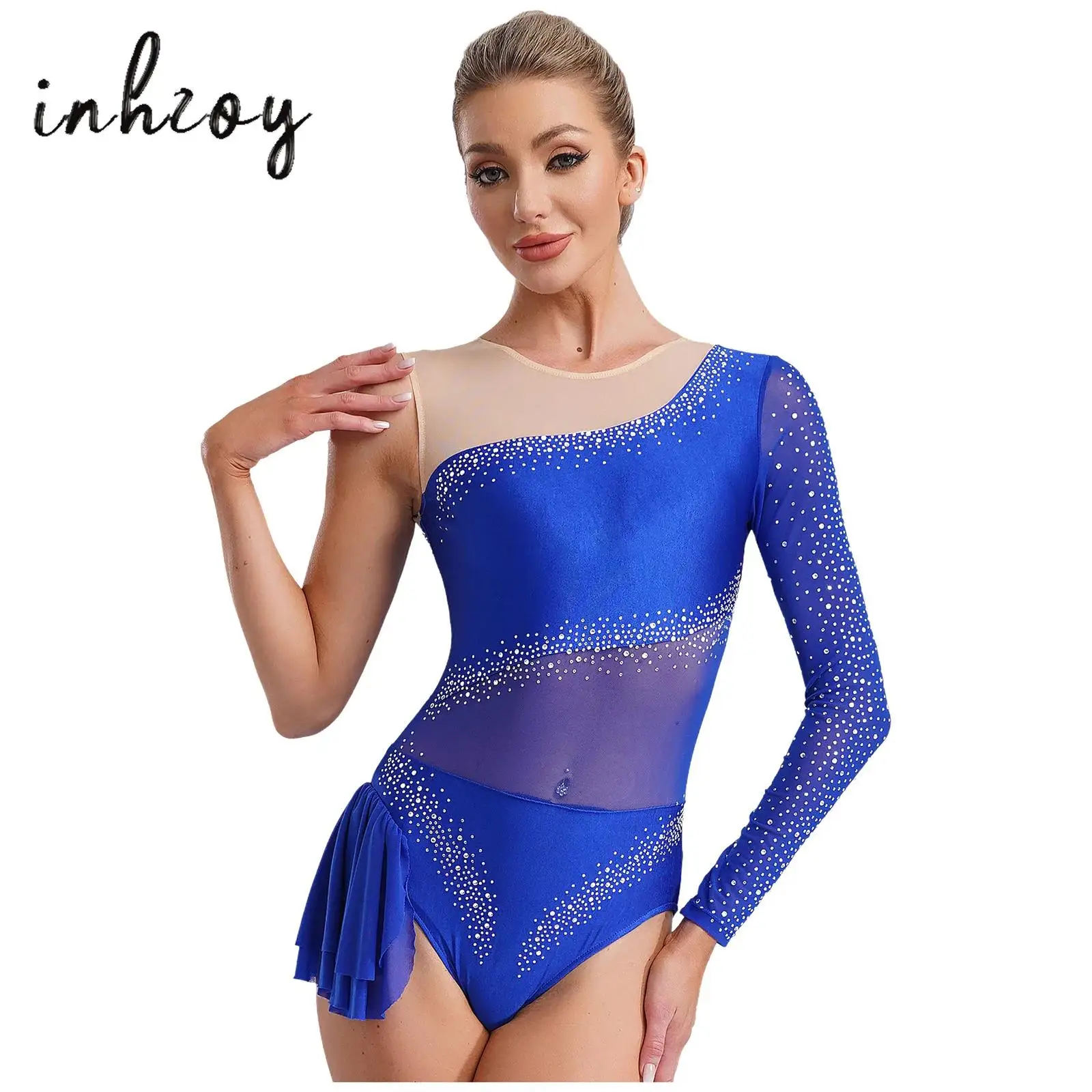 

Womens Ballet Dance Gymnastics Leotard Costume One Shoulder Long Sleeve Skating Workout Rhinestones Mesh Body Suit Dancewear