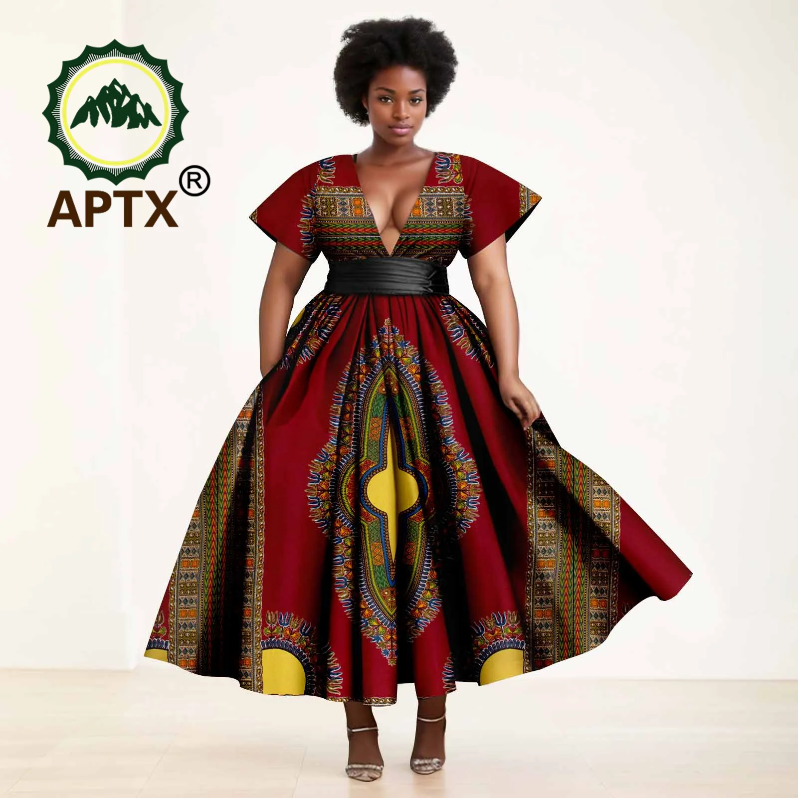 

African Dresses Women's Ankara Printed Short Sleeve V-Neck With Belt And Ankle Dress Dashiki Casual Party Wedding Dresses