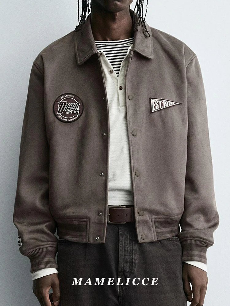 MAMELICCE Original design Faux Vintage casual Suede patchwork embroidery jackets textured jacket loose outerwear Men's clothing