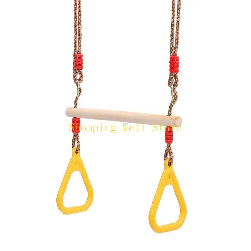 KX4B Kids Adult Indoor Outdoor Wooden Trapeze Swing Bar with Plastic Rings for Children Sport Birthday Gift