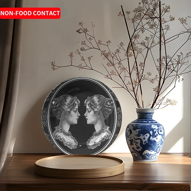 1pc Vintage Floral ladies faceplate - Black & White Art Decor Ceramic Wall plate, Non-Food Contact Decorative Accent for Living