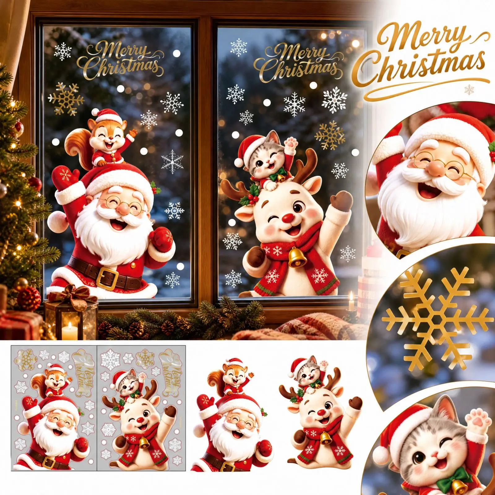 2 Pack Christmas Window Glass Sticker Set Removable Static Cling Xmas Window Decals for Home Shop Holiday Wall Decor