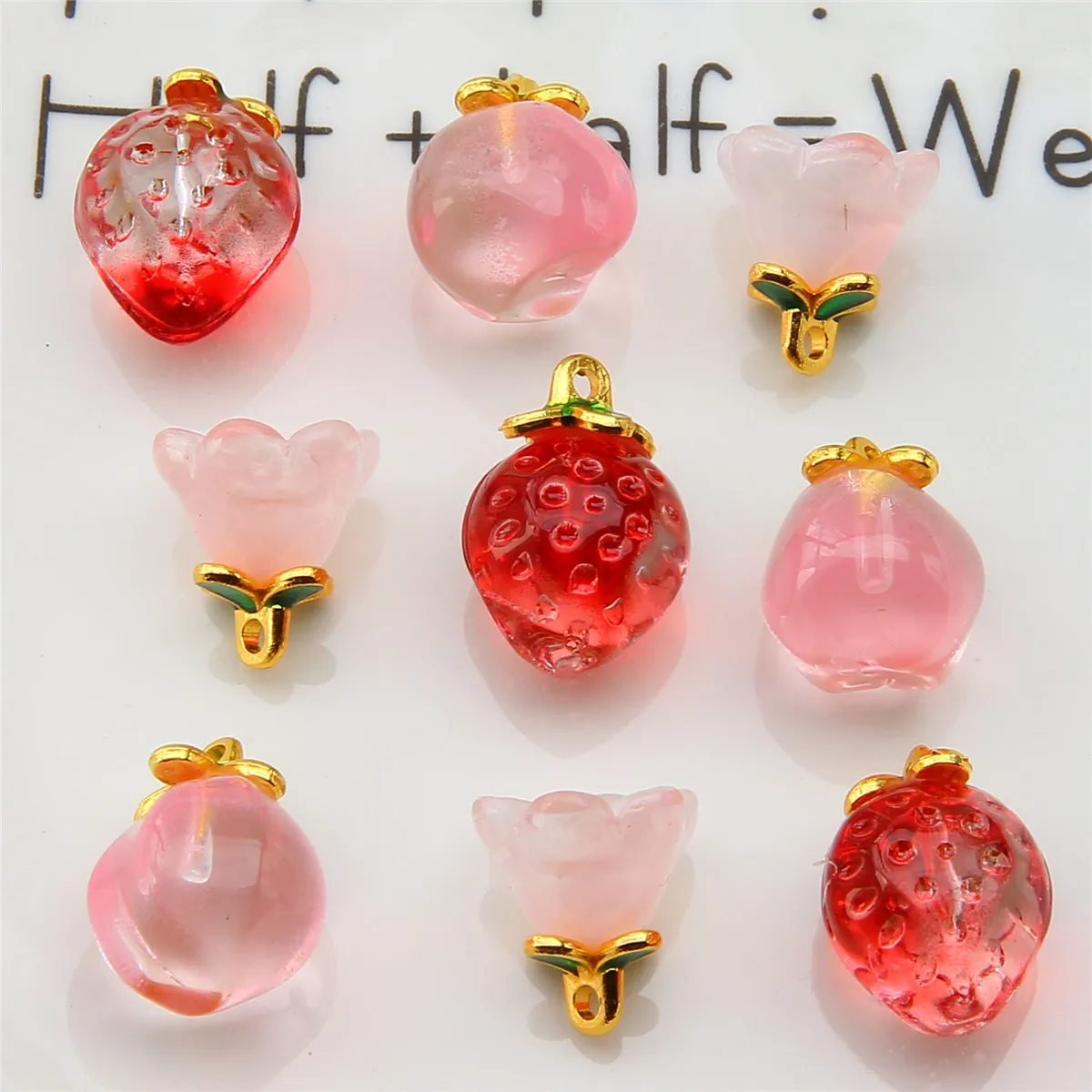 10pcs alloy glass peach strawberry pendant glass string bracelet necklace earrings paired with DIY ancient style clothing pendan