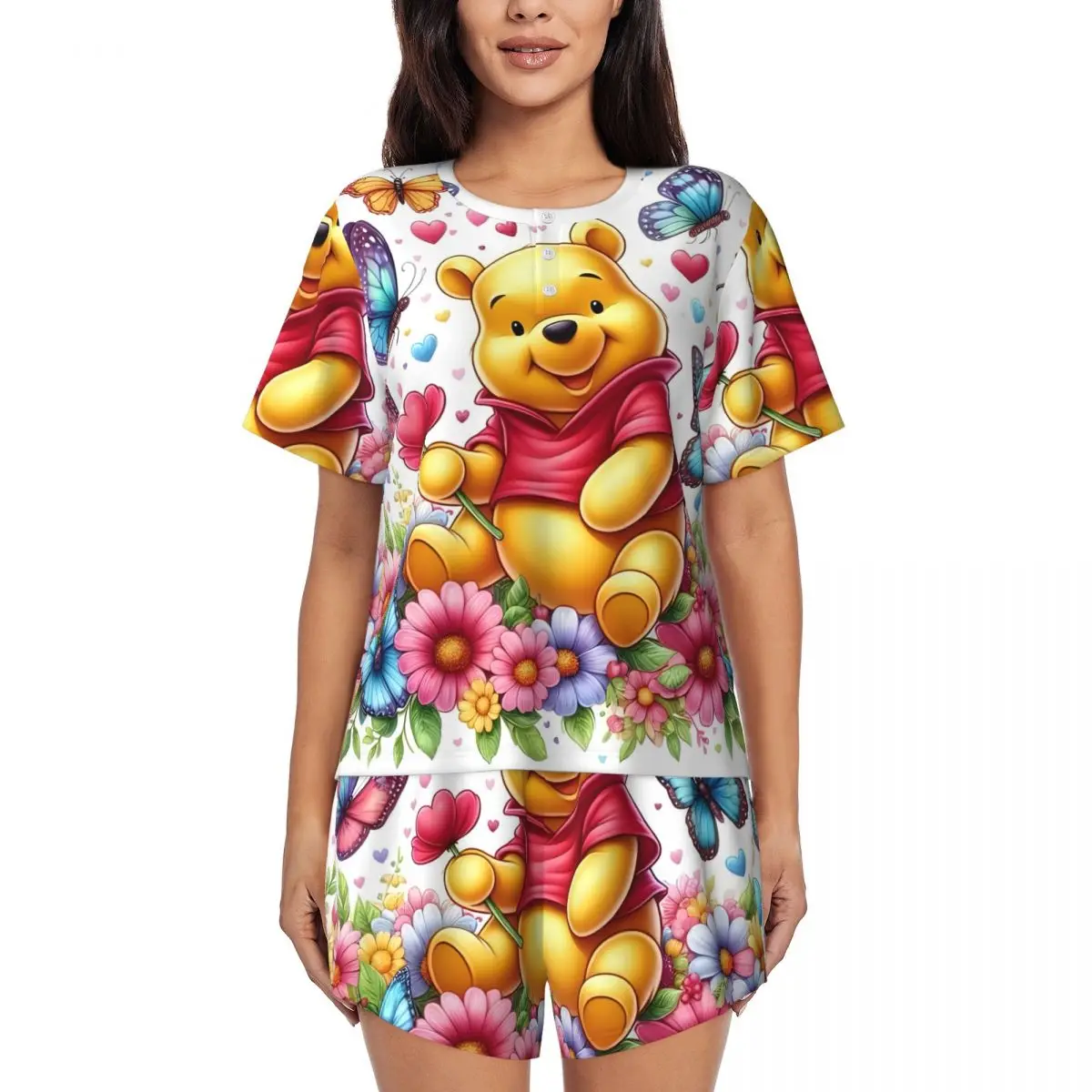 

Женские пижамные комплекты Winnie The Pooh из двух предметов, пижамы с короткими рукавами и шортами, одежда для сна