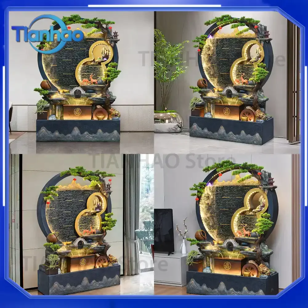 Waterfall Wall Fountain for Living Room Decoration Circular Floor Standing Water Feature with Rockery and Feng Shui Wheel