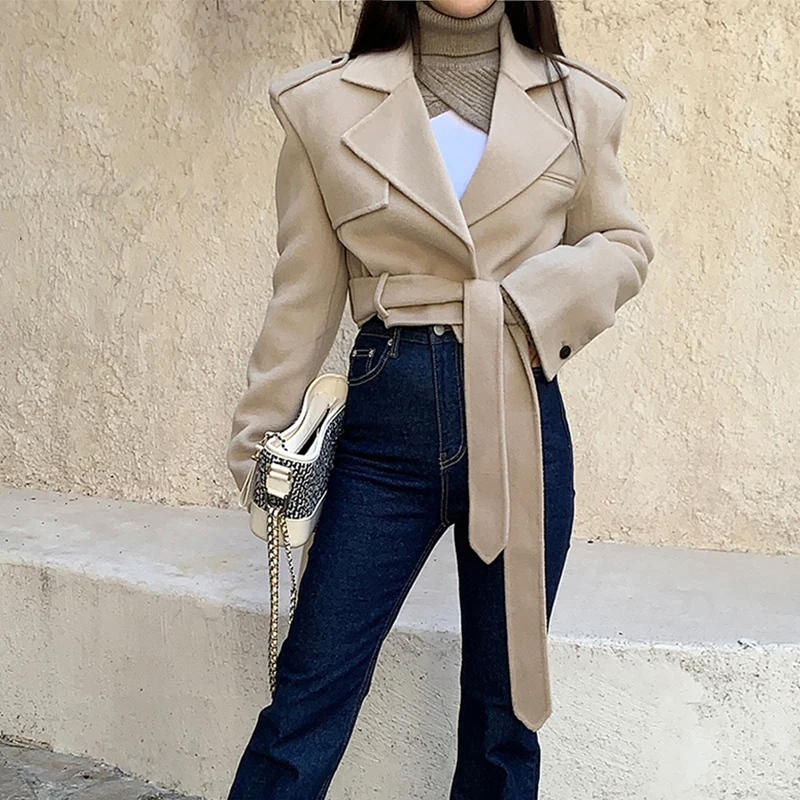 

MEXZT Cropped Wool Blends Coats Women Vintage with Belt Woolen Jackets Elegant Korean Commute Outerwears Winter Design Overcoat