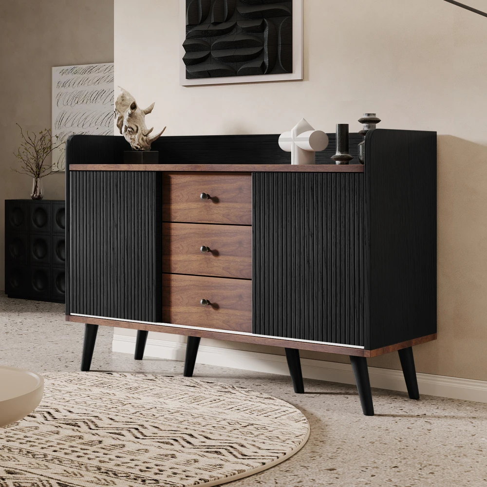 Buffet de rangement moderne en bois, H80 L117.5 T40 cm, avec 3 tiroirs, étagères de rangement internes, grain de bois naturel délicat, meuble multifonctionnel pour salon, chambre à coucher, usage domestique intérieur
