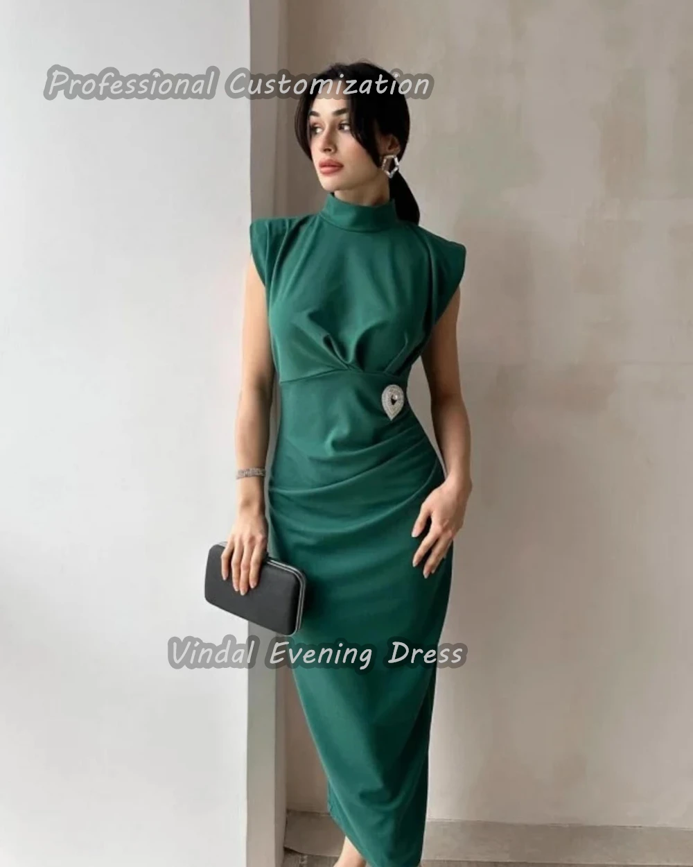 Vindal Tea length O-Neck Prom Dress Straight luxurious Ruffle Crepe Breast Padding Elegant Short Sleeves  السعود For Woman 2024