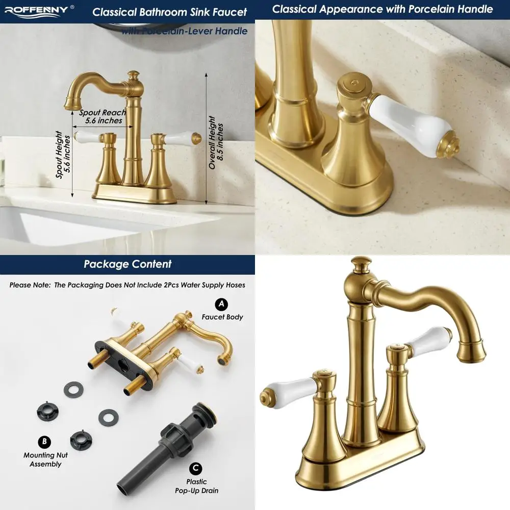 

4 Centerset Brushed Gold Bathroom Faucet with Plastic Pop-Up Drain, Classical Gold Vanity Sink Mixer for 3 Holes, High Arc 360°