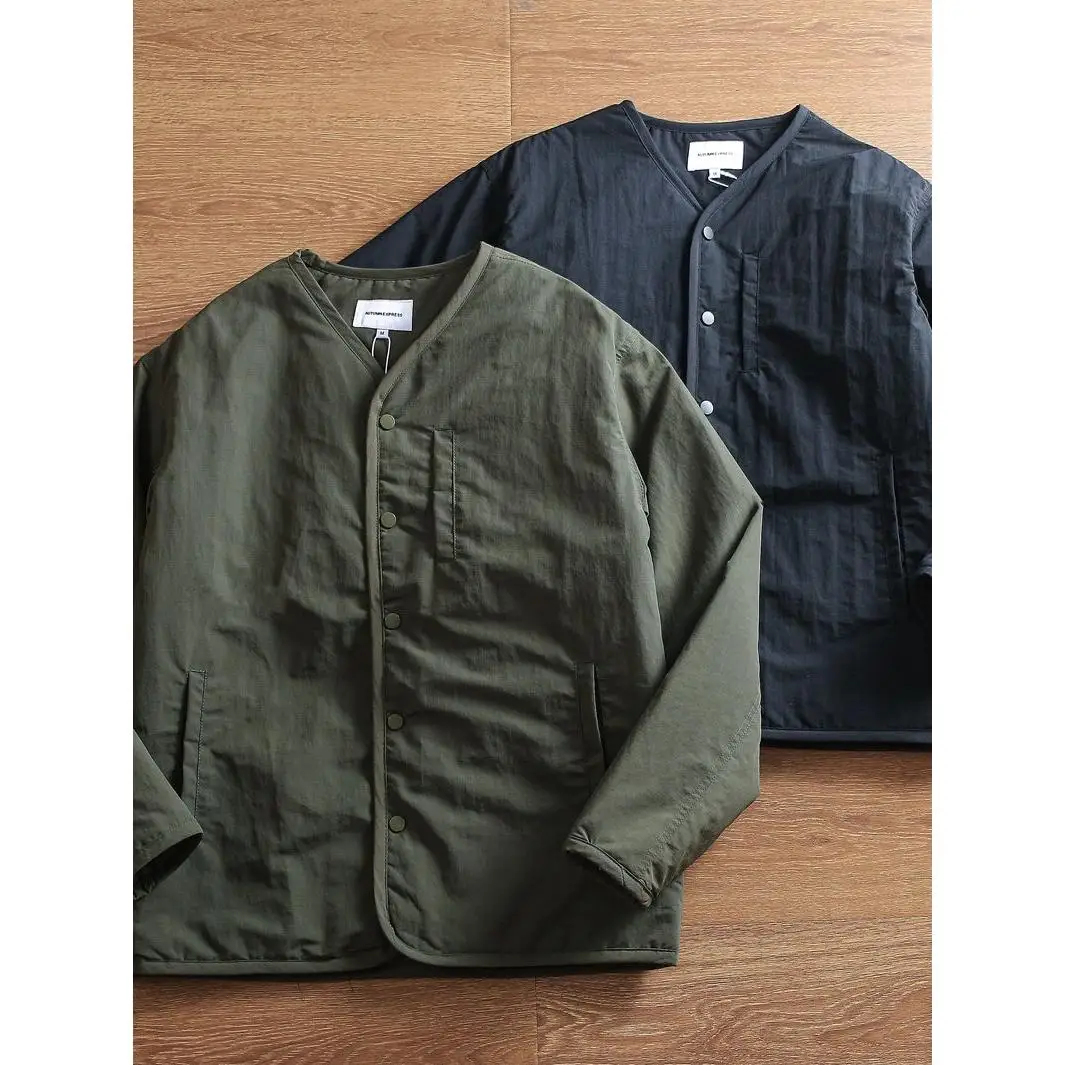 

Men's Winter Thiened Lightweight Retro Casual V-Ne Cotton Jaet Polyester Fiber Fill Youth Trendy Sle Removable Hood