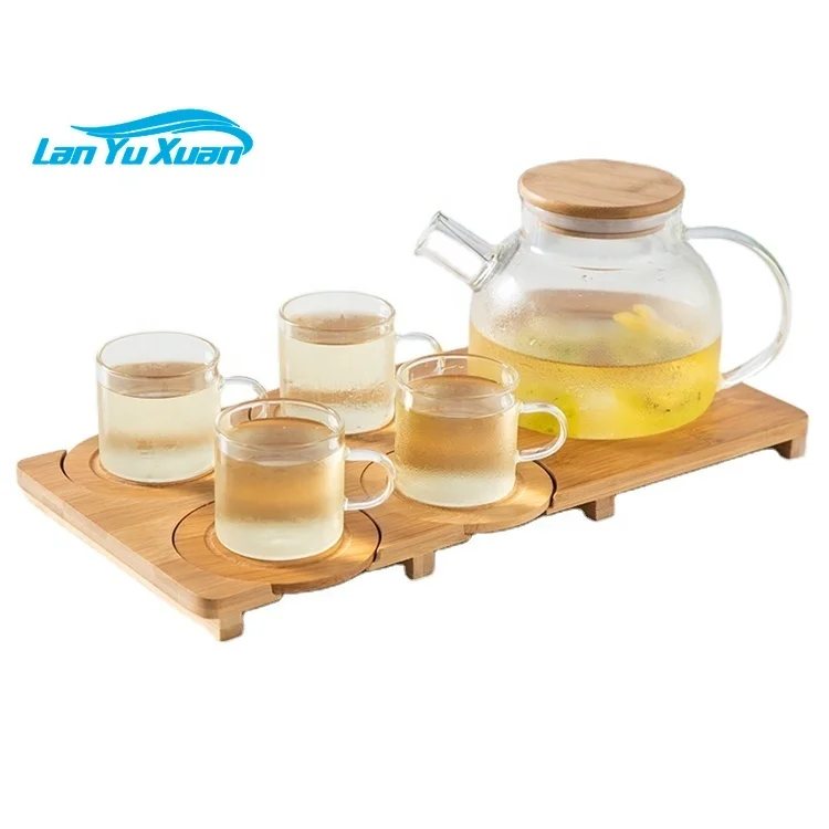 Lanfengye Glass Tea Set with Wooden Tray Customize Logo Acceptable Tea Cup Set  Glass Cup Set