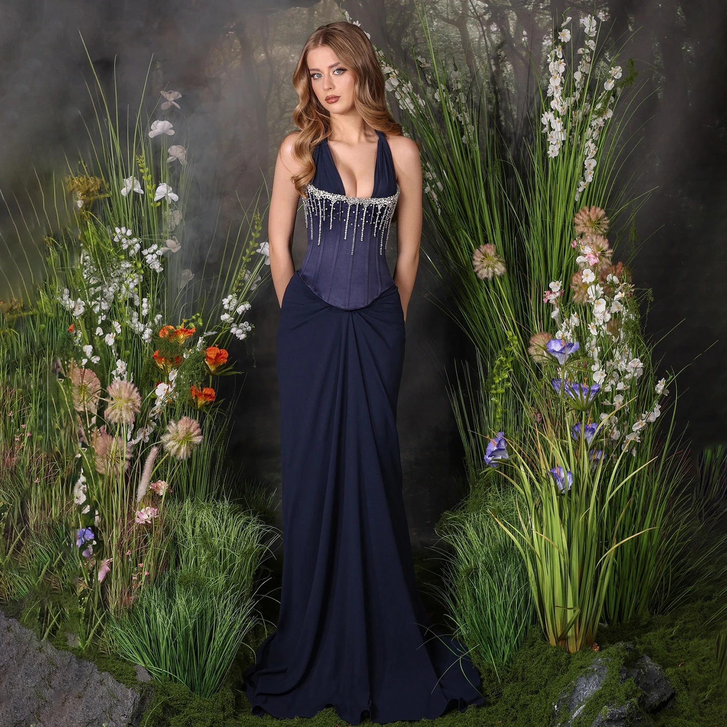 

Sharon Said Pink Halter Mermaid Evening Dress Vintage Navy Blue for Women Wedding Party Prom Gown Arabic 2025 SF515 Customized