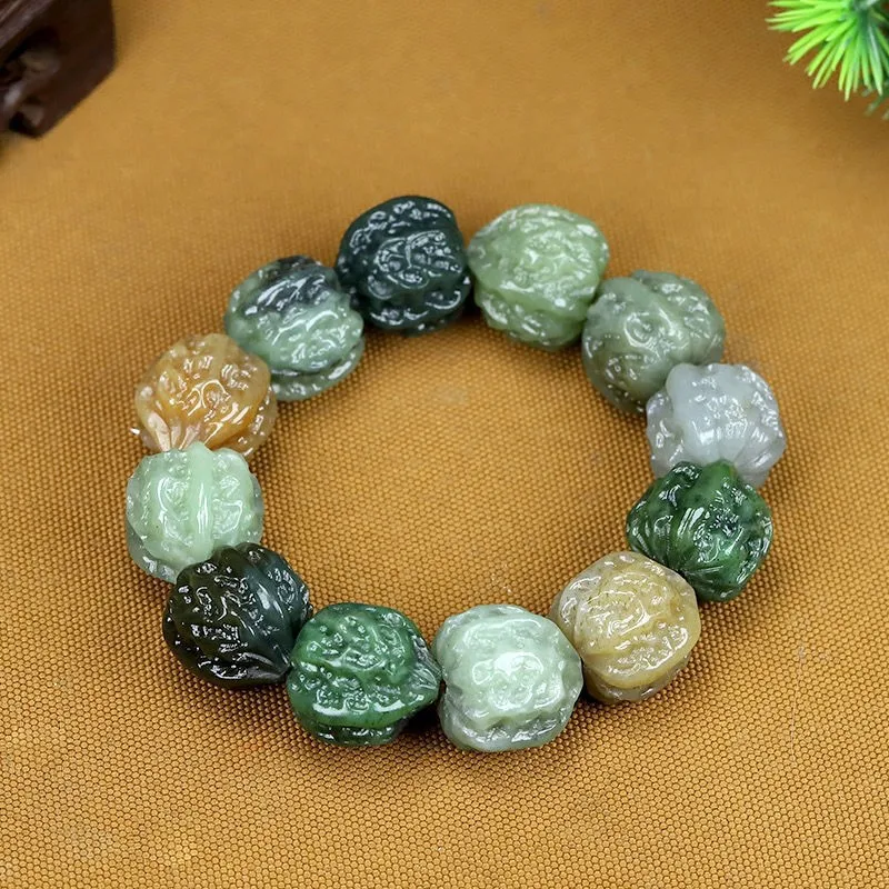 Natural Large Grain Approximately 19mm Hetian Jade Multi-Gem Walnut Bracelet
